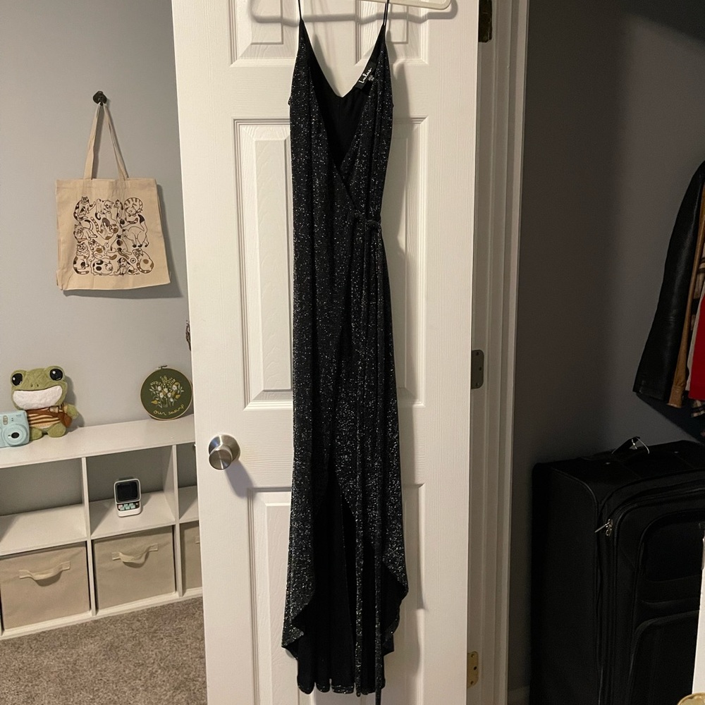 Lulus Celestial Black and Silver Wrap Dress